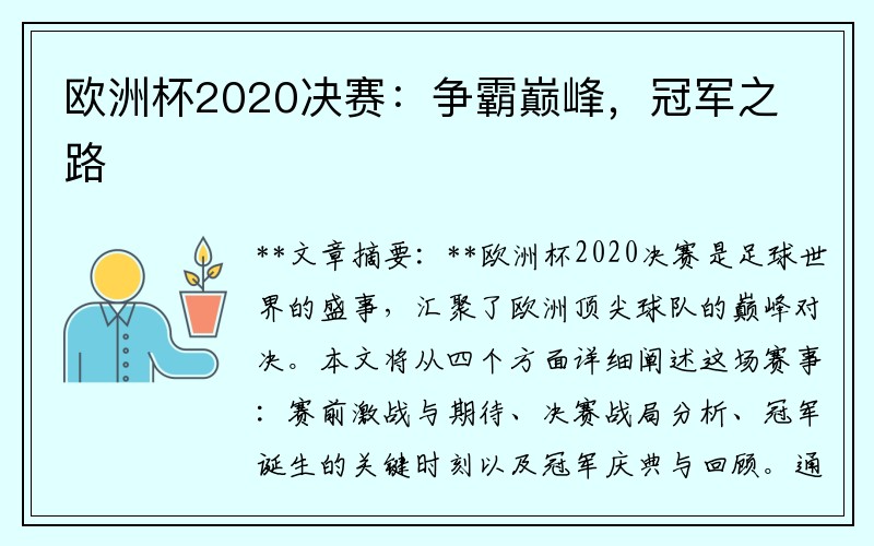 欧洲杯2020决赛：争霸巅峰，冠军之路