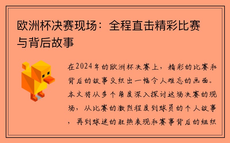 欧洲杯决赛现场：全程直击精彩比赛与背后故事