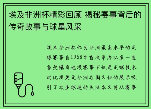 埃及非洲杯精彩回顾 揭秘赛事背后的传奇故事与球星风采
