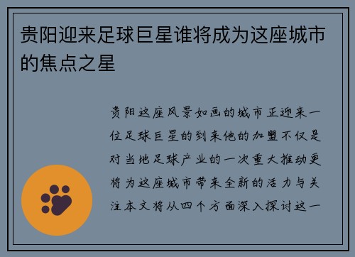 贵阳迎来足球巨星谁将成为这座城市的焦点之星